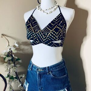 black & gold printed wrap cut out halter bikini top